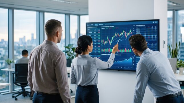 Traders discussing market volatility and trading statistics on wall-mounted display