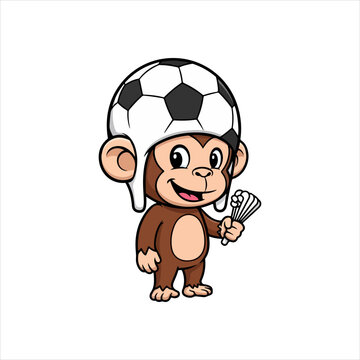 Happy monkey balancing soccer ball on head Vector