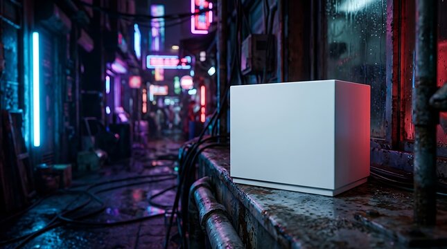 Blank white watch box mockup resting on wet industrial alley ledge featuring neon cyberpunk city lights background style