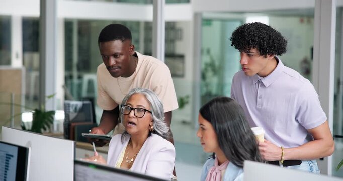 Manager, people and conversation in office with computer, marketing internship and advice for project. Intern, team and mentorship in workplace with desktop, discussion and strategy for advertising.