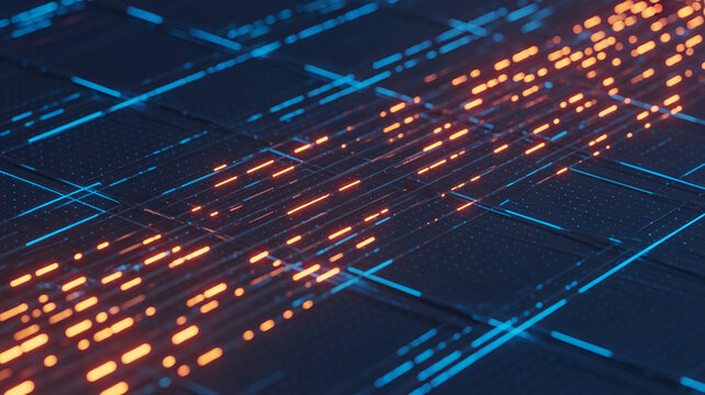 A digital network of glowing orange data streams flows across a dark blue grid, representing the flow of information and technology.