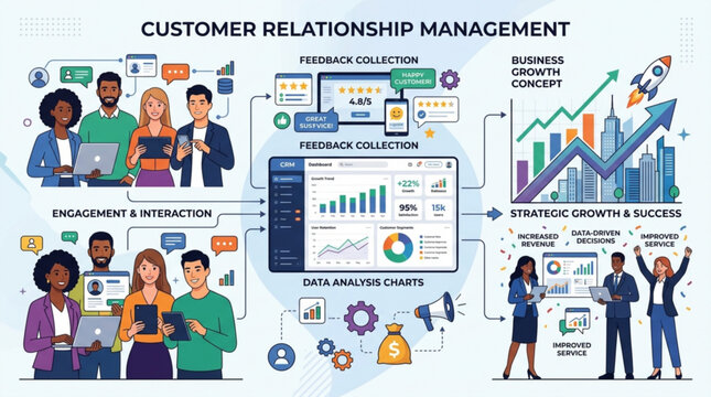 Business team collaborating on customer relationship management with engagement tools feedback collection and data analysis for strategic growth