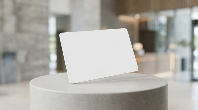 Blank white hotel key card mockup on stone pedestal for luxury resort check in hotel hospitality and access management