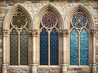 Obraz premium Gothic stone windows with colorful stained glass and intricate patterns gothic architecture