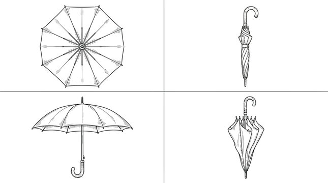 Detailed black and white vector illustration set showing four different styles of classic folding rain umbrellas