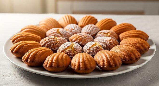 A plate of assorted sweet and savory madeleines on a table indoors.