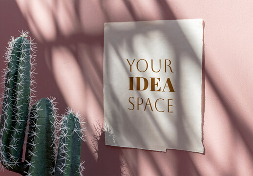 Cactus Shadows Pink Wall With Poster Mockup PSD