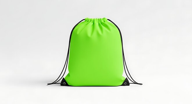 Isolated lime green drawstring bag with black cord straps for gym sports travel fitness gear and school supply marketing mockup