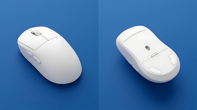 Dual view of modern wireless white computer mouse showing top and bottom angles on a vibrant blue surface background