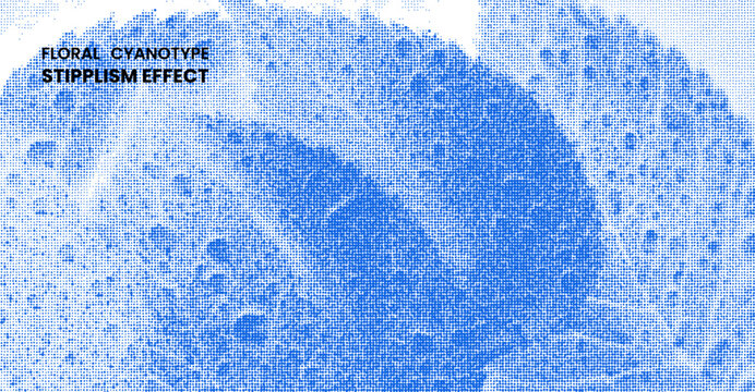 Blue floral cyanotype texture with stipplism effect vintage pointillism dot pattern background, halftone engraving style graphic design element