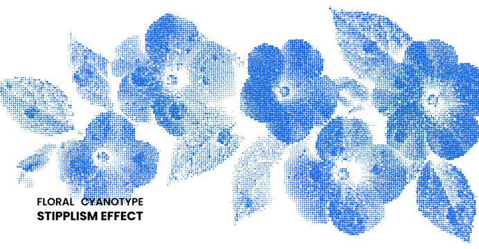 Blue floral cyanotype pattern with stipplism effect, vintage botanical illustration of flowers and leaves isolated on white background