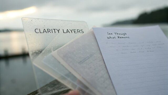 Transparent Clarity Layers and Hands Holding Note Paper Over Calm Water Scene in Nature, Offering a Unique Perspective on Reflection and Insight