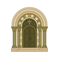 Fototapeta premium Pixel Art Church Door Illustration with Arched Entrance, Columns, and Christian Cross Symbol