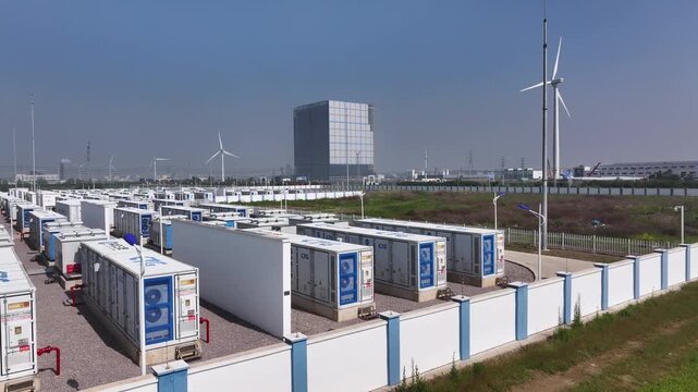 Large white energy storage container units and wind turbines in an industrial park
