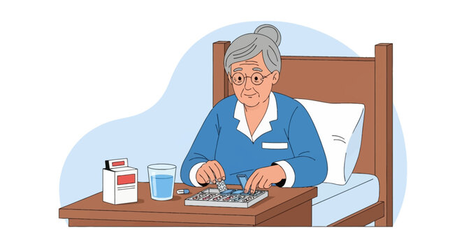 Flat vector illustration of an elderly woman with grey hair and glasses sitting in bed, organizing daily medication from a pillbox organizer on a bedside table with a glass of water.