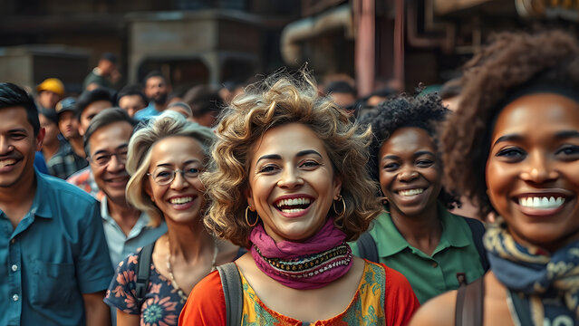 Colorful Procession, Diverse People Joyfully Celebrating. Vibrant Multicultural Parade, Happy Crowd in Traditional Attire, Community Unity & Festival