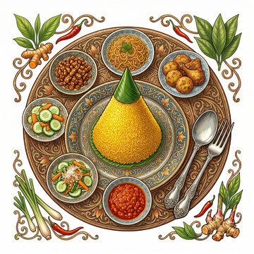 Indonesian Nasi Tumpeng Ceremonial Rice Cone Illustration, Iconic Yellow Turmeric Rice with Traditional Side Dishes on Woven Bamboo Tray, White Background