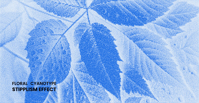 Floral cyanotype stipplism effect with blue leaf pattern, artistic botanical illustration with dot texture, vintage style nature print design element