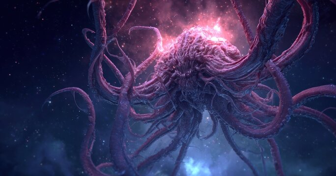 Abstract cosmic entity with tentacles and a glowing core in a dark space environment