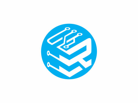 A modern circular emblem showcasing a white negative space letter R merged with technological circuit connections on a vibrant blue background, ideal for security and IT companies.