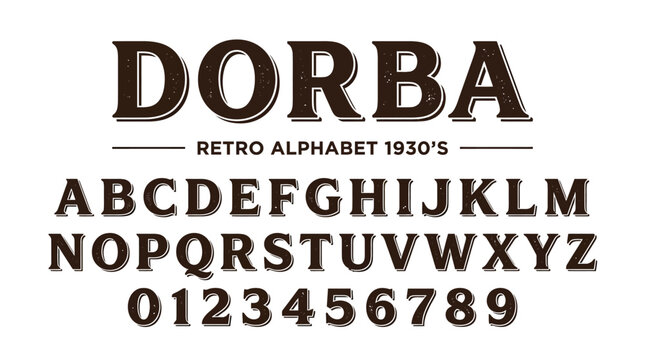 Detailed vintage vector alphabet typography set featuring classic dark brown letters and numbers for retro designs
