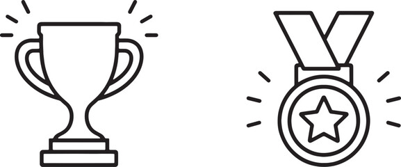 Naklejka premium Art & Illustration, Celebration Winner Trophy Cup and Sparkle Medal Outline Icons