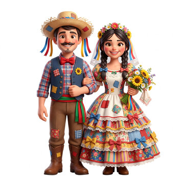 Joyful Festa Junina Couple in Vibrant Traditional Attire
