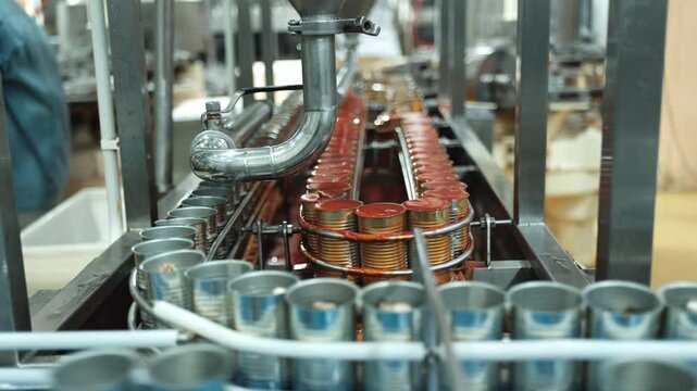 Close-up, automated conveyor belt machine with sardine fish in tomato sauce, filling in can, prepared for instant food production industry, sterile hygiene warehouse, manufacturing factory process.