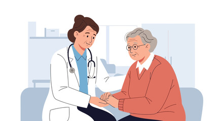 Fototapeta premium Doctor comfort elder patient, healthcare, compassion, medical check-up, caregiving graphic