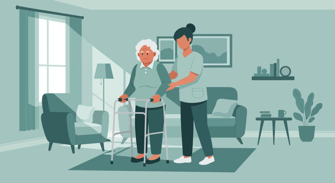 Elderly woman using walker assisted by caregiver in cozy living room