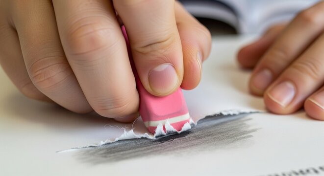 Close up of a person's hand using a pink eraser to remove pencil marks from a torn piece of paper, highlighting the process of correction and revision