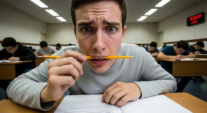 Anxious student biting a pencil in a high-stakes examination hall, feeling the pressure of a difficult test