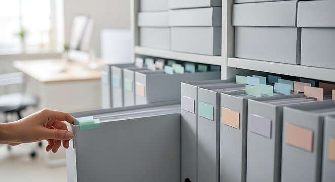 Close up of a person selecting a file from a large organized office filing cabinet with grey folders and colorful index tabs on a desk