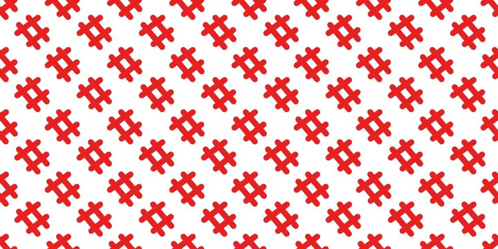 Red hashtag geometric seamless pattern on white background.