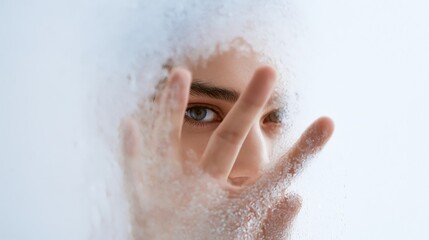 Fototapeta premium Fogged Bathroom Mirror with Face and Hand Closeup