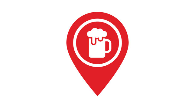 Minimalist red vector graphic map pin icon featuring a white beer mug for navigation design