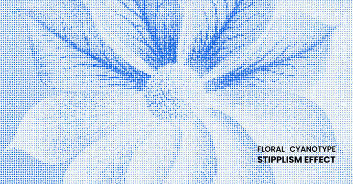 Floral cyanotype stipplism effect, abstract blue dot pattern illustration of a flower, artistic pointillism style design, botanical digital art print