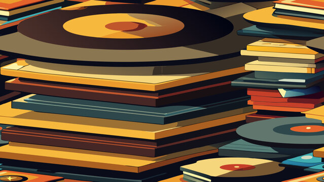 Stack of vintage vinyl records on a flat surface with collection turntable listening entertainment nostalgia illustration colorful equipment aesthetic audiofile background