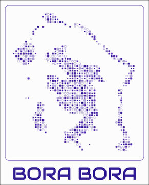 Bora Bora digital style map. Small roundedSquare dots on white background. Dotted shape of the island. Vector map and title. Vibrant vector illustration.