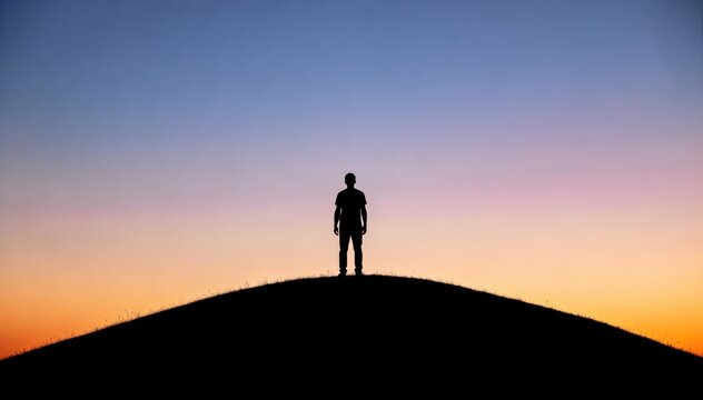 Lone Figure at Dusk: A solitary silhouette stands atop a hill against a breathtaking gradient of sunset colors, embodying contemplation and the vastness of existence.