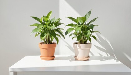 Fototapeta premium Two Green Potted Plants: A pair of lush green potted plants, one in a terracotta pot and the other in a cream-colored pot, sit side-by-side on a white surface.