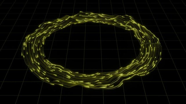 Golden Energy Ring Floating Above a Dark Wireframe Grid
