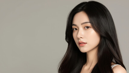 Fototapeta premium Elegant Woman Portrait: A striking portrait of a young Asian woman with long, flowing dark hair and delicate features, gazing calmly into the distance.