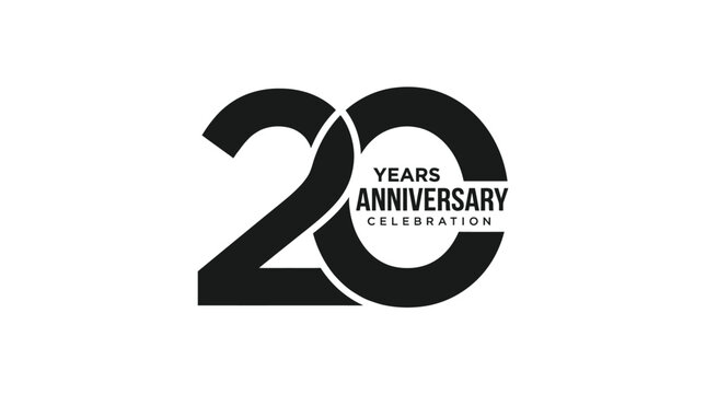 Minimalist black and white vector graphic design celebrating a twenty year anniversary milestone corporate event symbol