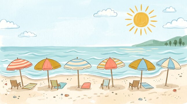 Cute Watercolor Beach Illustration with Sun and Umbrellas