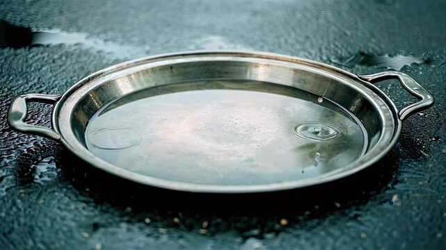 water dripping into metal pan close-up front view, drops falling from ceiling forming ripples on surface, household leak problem scene with moisture damage and ongoing water intrusion indoors