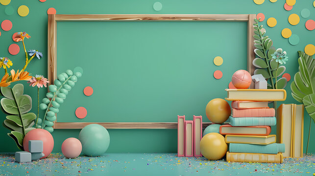 3D claymorphism green chalkboard frame with pastel books and plants featuring clean center copy space for back to school marketing online education courses and campus banners