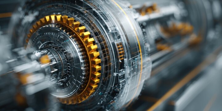 Abstract mechanical device with detailed gear elements and metallic textures for technology usage