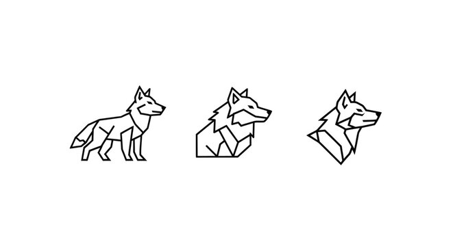 Three geometric line art wolf head illustrations styles.