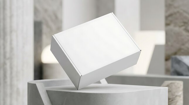 Blank white cardboard shipping box mockup floating above a stone pedestal for e-commerce branding display and product retail
